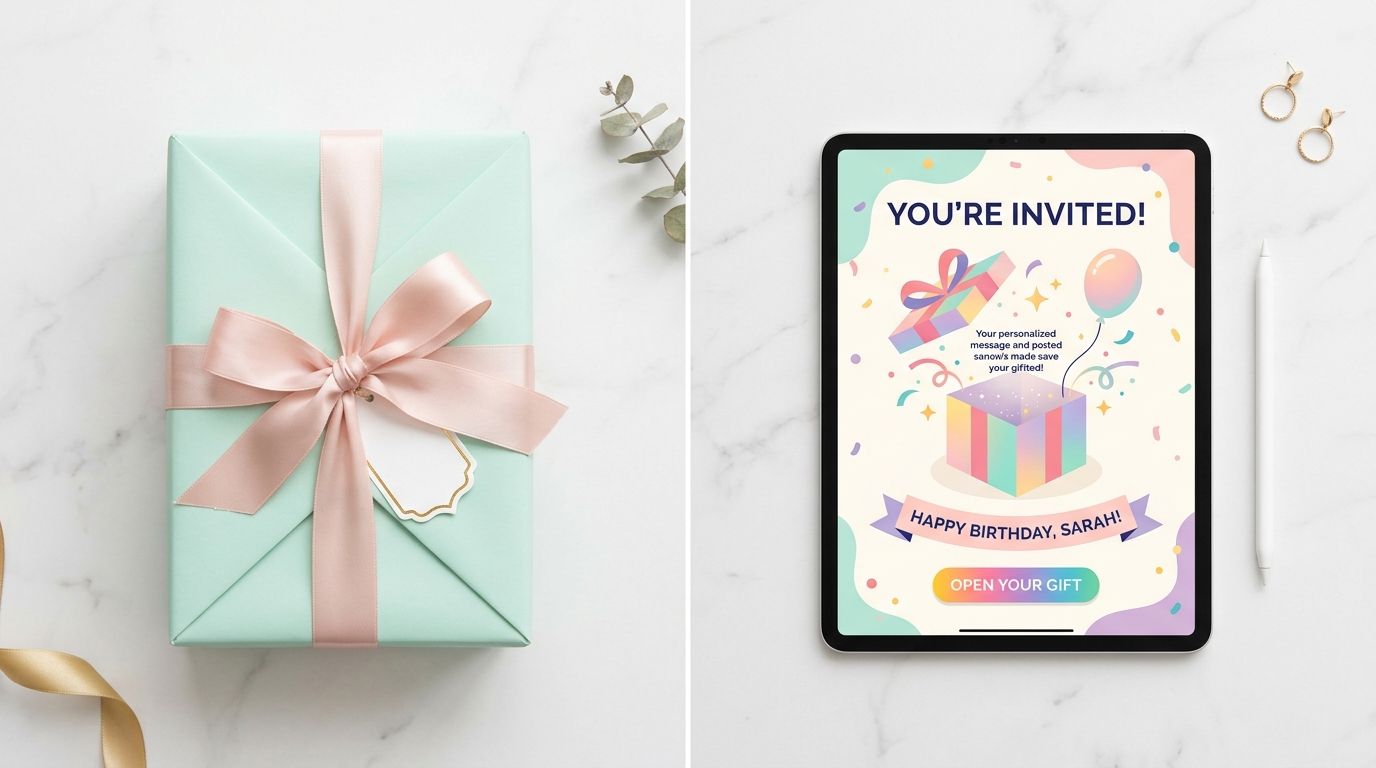 Side-by-side comparison of a physical gift box and a digital gift on tablet