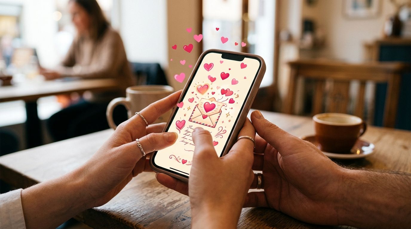 Hands holding phone showing an interactive love letter website