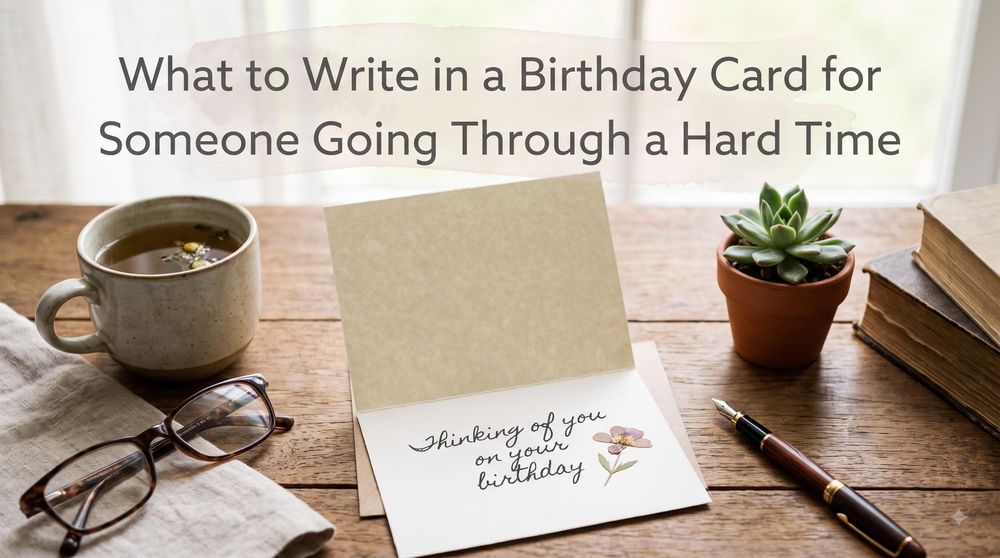 Open birthday card reading “thinking of you on your birthday” beside chamomile tea, reading glasses and a succulent, headlined “What to Write in a Birthday Card for Someone Going Through a Hard Time”