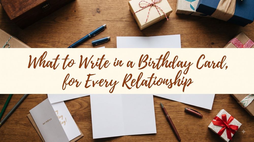 Open blank birthday cards, pens and wrapped gifts on a wooden desk, headlined “What to Write in a Birthday Card, for Every Relationship”