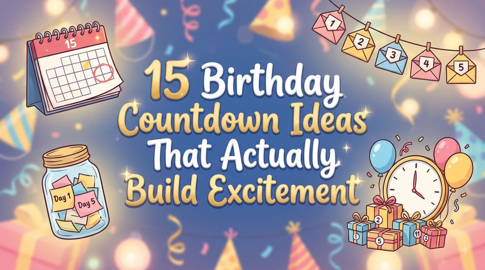 Illustrated birthday countdown banner with a calendar, a numbered envelope garland, a jar of daily notes, balloons and a clock, headlined “15 Birthday Countdown Ideas That Actually Build Excitement”