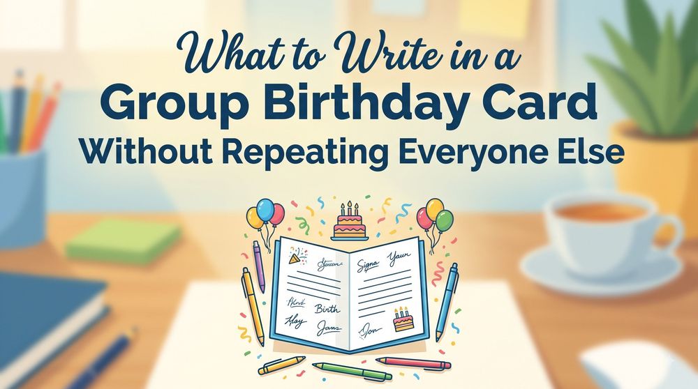 Illustrated open group birthday card covered in signatures, surrounded by pens, balloons and a cake on an office desk, headlined “What to Write in a Group Birthday Card Without Repeating Everyone Else”