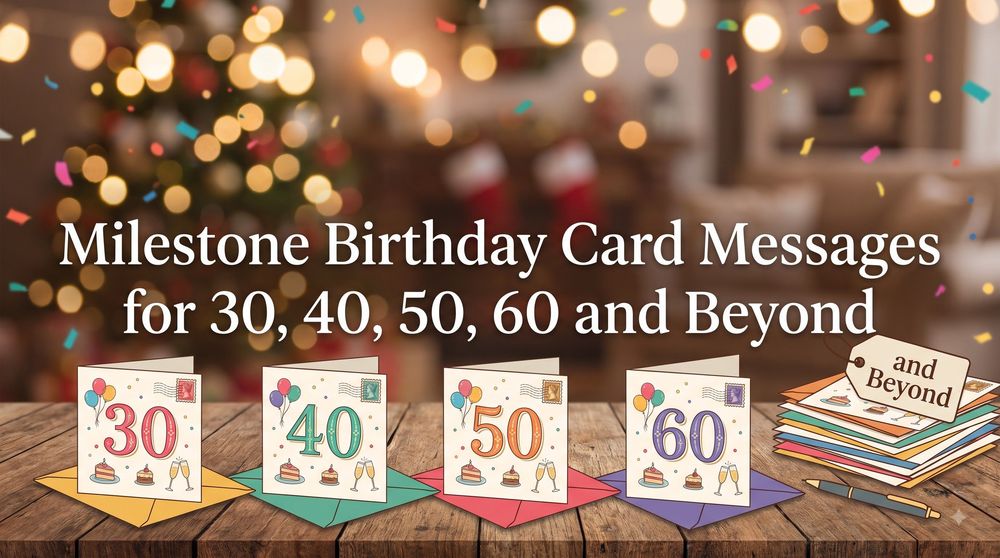 Four milestone birthday cards for 30, 40, 50 and 60 standing on coloured envelopes under bokeh party lights, headlined “Milestone Birthday Card Messages for 30, 40, 50, 60 and Beyond”