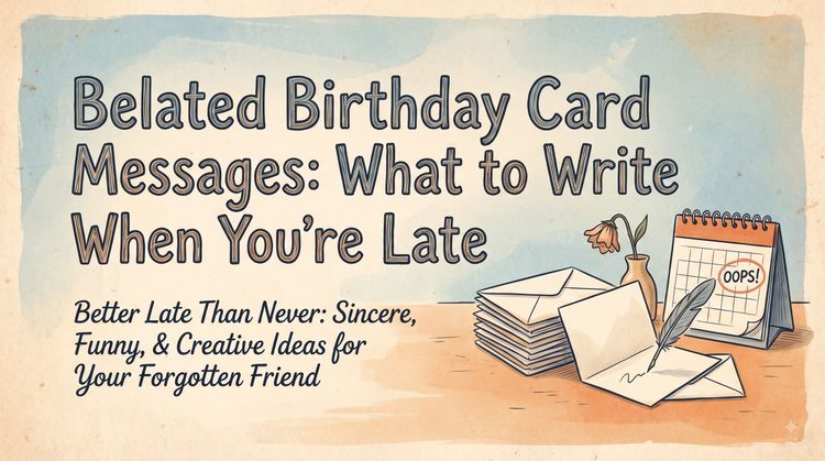 Illustrated stack of unopened envelopes, a wilting flower and a calendar circled “oops”, headlined “Belated Birthday Card Messages: What to Write When You’re Late”