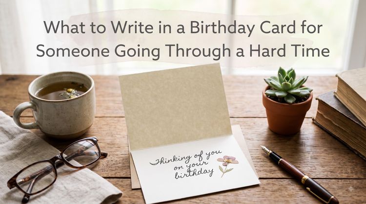 Open birthday card reading “thinking of you on your birthday” beside chamomile tea, reading glasses and a succulent, headlined “What to Write in a Birthday Card for Someone Going Through a Hard Time”