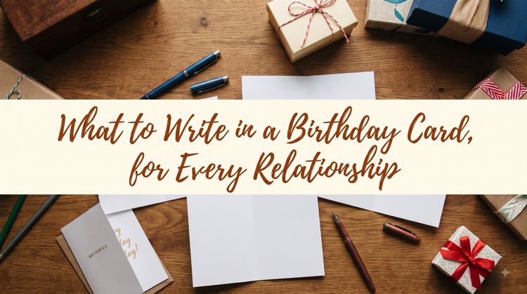 Open blank birthday cards, pens and wrapped gifts on a wooden desk, headlined “What to Write in a Birthday Card, for Every Relationship”