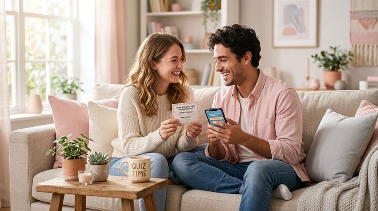 Young couple playing a couple quiz game on a cozy sofa