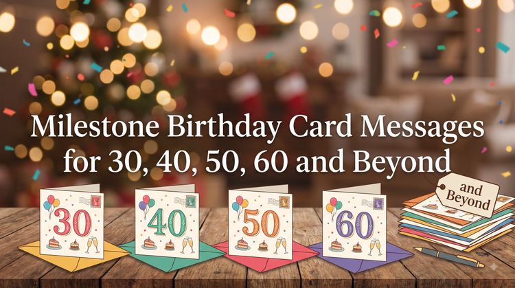 Four milestone birthday cards for 30, 40, 50 and 60 standing on coloured envelopes under bokeh party lights, headlined “Milestone Birthday Card Messages for 30, 40, 50, 60 and Beyond”